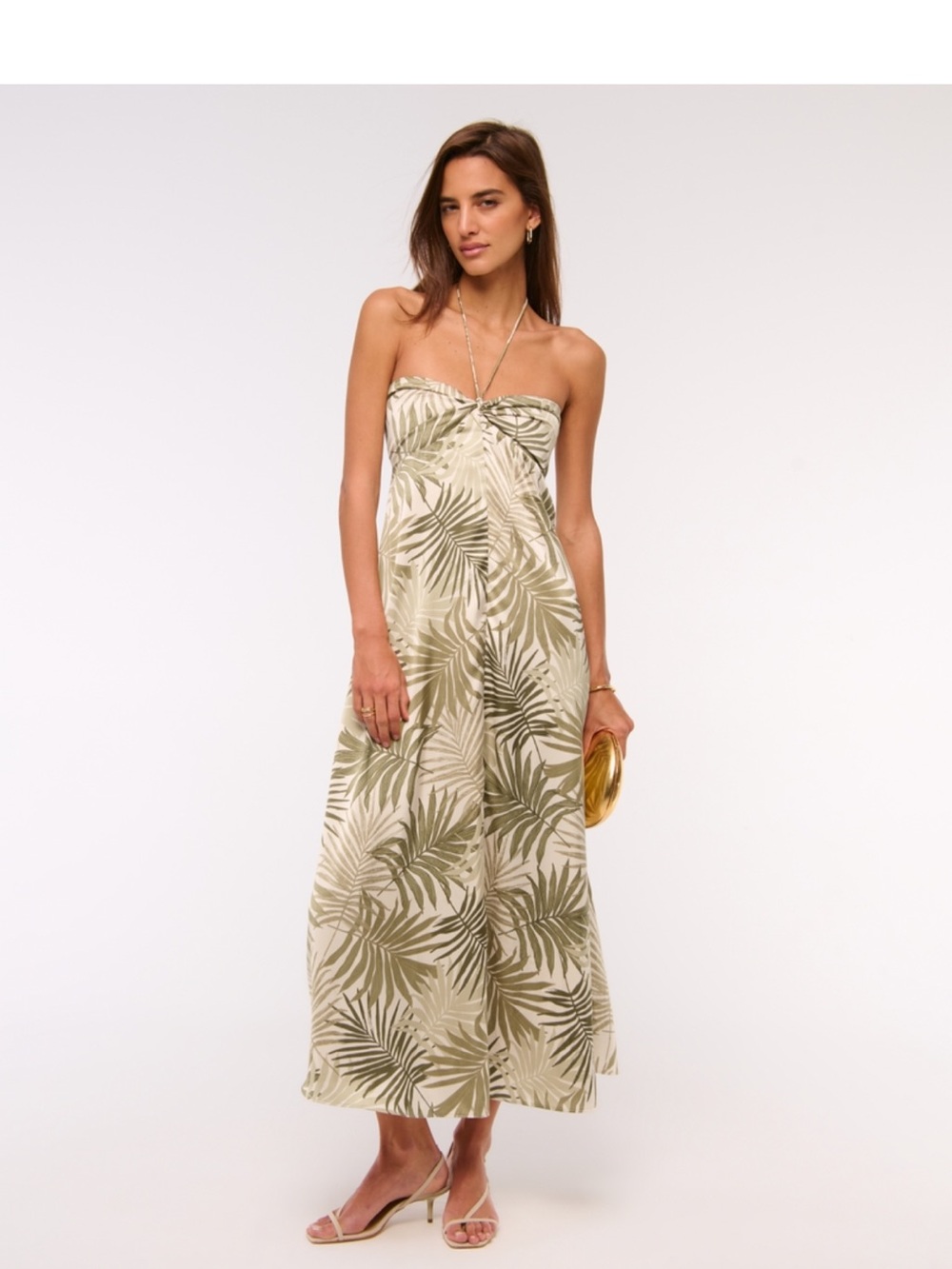 Abercrombie & Fitch Olive Palm-Print Strapless Maxi Dress